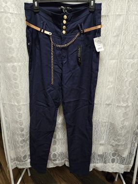 Navy High-Waist Trousers with Chain Detail Size 1X